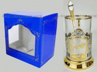 Подстаканник позолоченный РЖД штамп новый лого в карт.коробке (набор для чая, стекл.стакан, ложка с гравировкой)