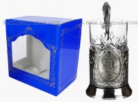Подстаканник никелированный 50 лет штамп (набор для чая, хрустальный стакан,ложка, упаковка)