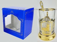 Подстаканник Крым (Ласточкино гнездо) позолоченный (набор для чая, стеклянный стакан, ложка, упаковка)