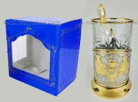 Подстаканник Приятного чаепития позолоченный штамп (набор для чая, хруст.стакан, ложка, упаковка)