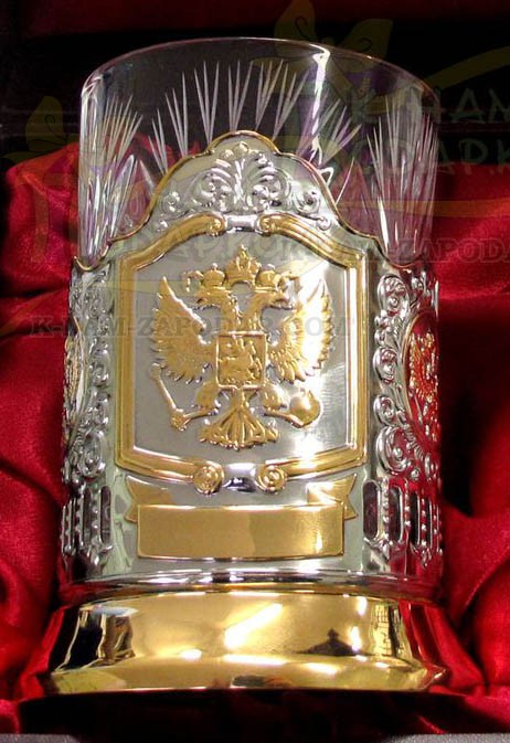 Чайный подарочный набор подстаканник позолоченный Герб РФ в футляре