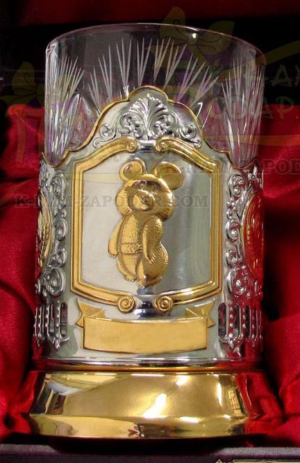 Чайный подарочный набор подстаканник позолоченный Олимпийский Мишка в футляре