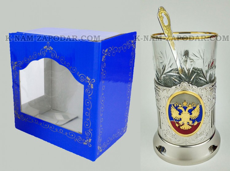 Подстаканник Герб России (штамп/эмаль) с позолотой (набор для чая, хруст.стакан, ложка, упаковка)