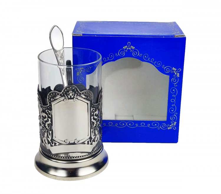 Подстаканник никелированный Р/Д гравировка (набор для чая, стекл.стакан, карт.коробка, ложка с гравировкой)