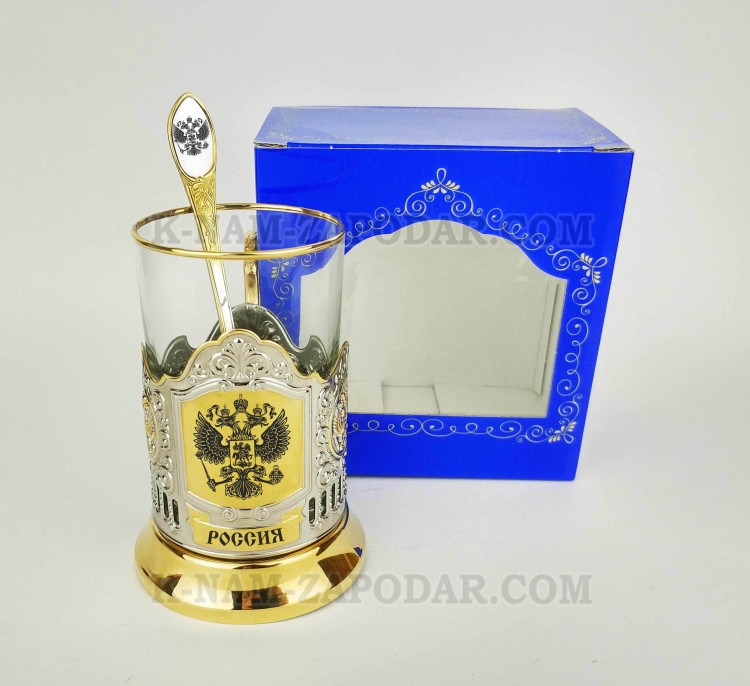 Набор для чая подстаканник "Россия Герб" золотой (3 пр.) картонная коробка, стеклянный стакан ложка с гравировкой