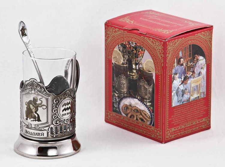 Набор для чая "Водолей" (3 пр.) карт.коробка, стекл. стакан, гравир., ложка нерж. грав. ПД-205КС  