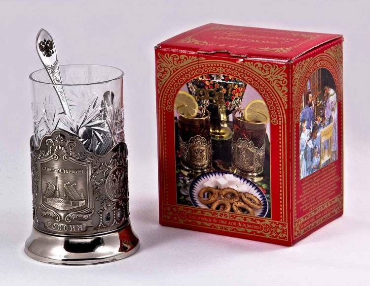 Набор для чая "Санкт-Петербург" (3 пр.) карт.коробка, хруст.стакан, штамп, ложка-нерж.грав. ПД-90К 