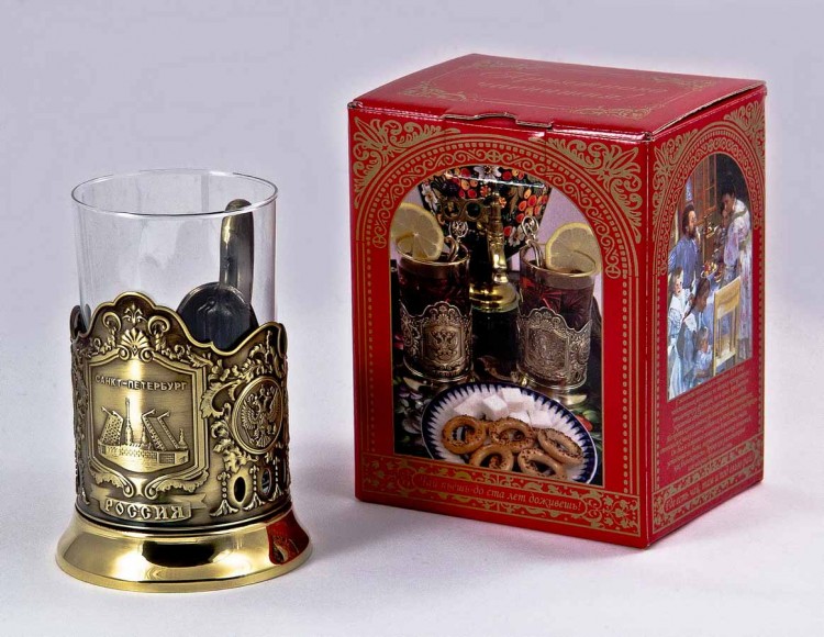 Подстаканник "Санкт-Петербург" карт.коробка, стекл.стакан, латунь, штамп ПД-14КС-л   