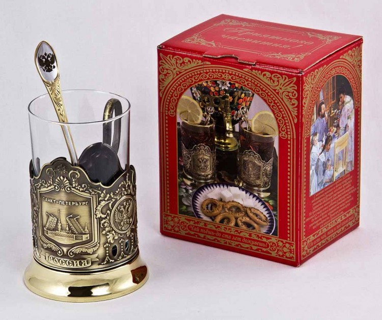 Набор для чая "Санкт-Петербург" (3 пр.) карт.коробка, стекл.стакан, латунь, штамп, ложка-нерж.грав. ПД-90КС-л 