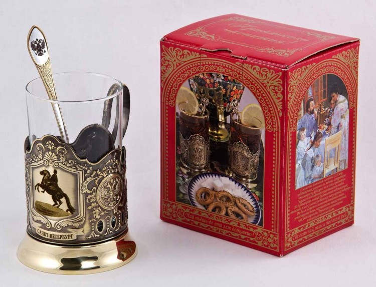 Набор для чая "Медный всадник" (3 пр.) карт.коробка, стекл.стакан, латунь, ложка-нерж.грав.  ПД-116КС-л 